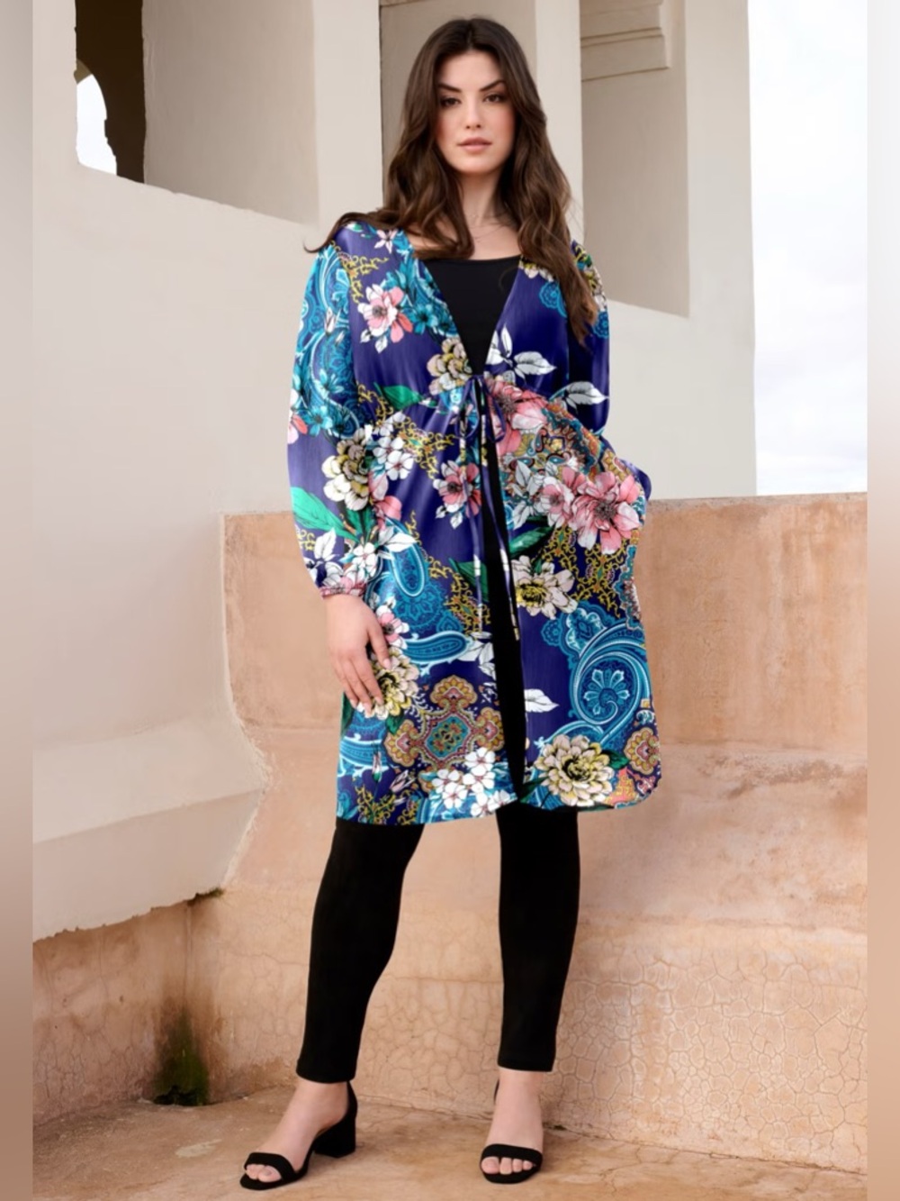 Blue Floral Paisley Kimono Duster Plus Size‎ 22 Tie Waist Sheer Chiffon Boho NWT